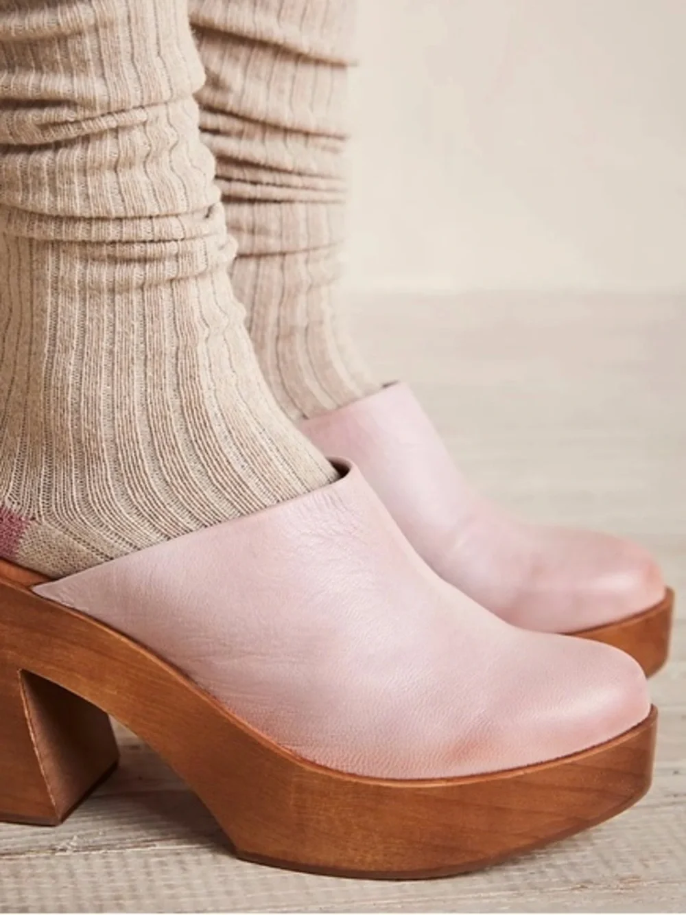 Free People Pink Leather Platform Clogs