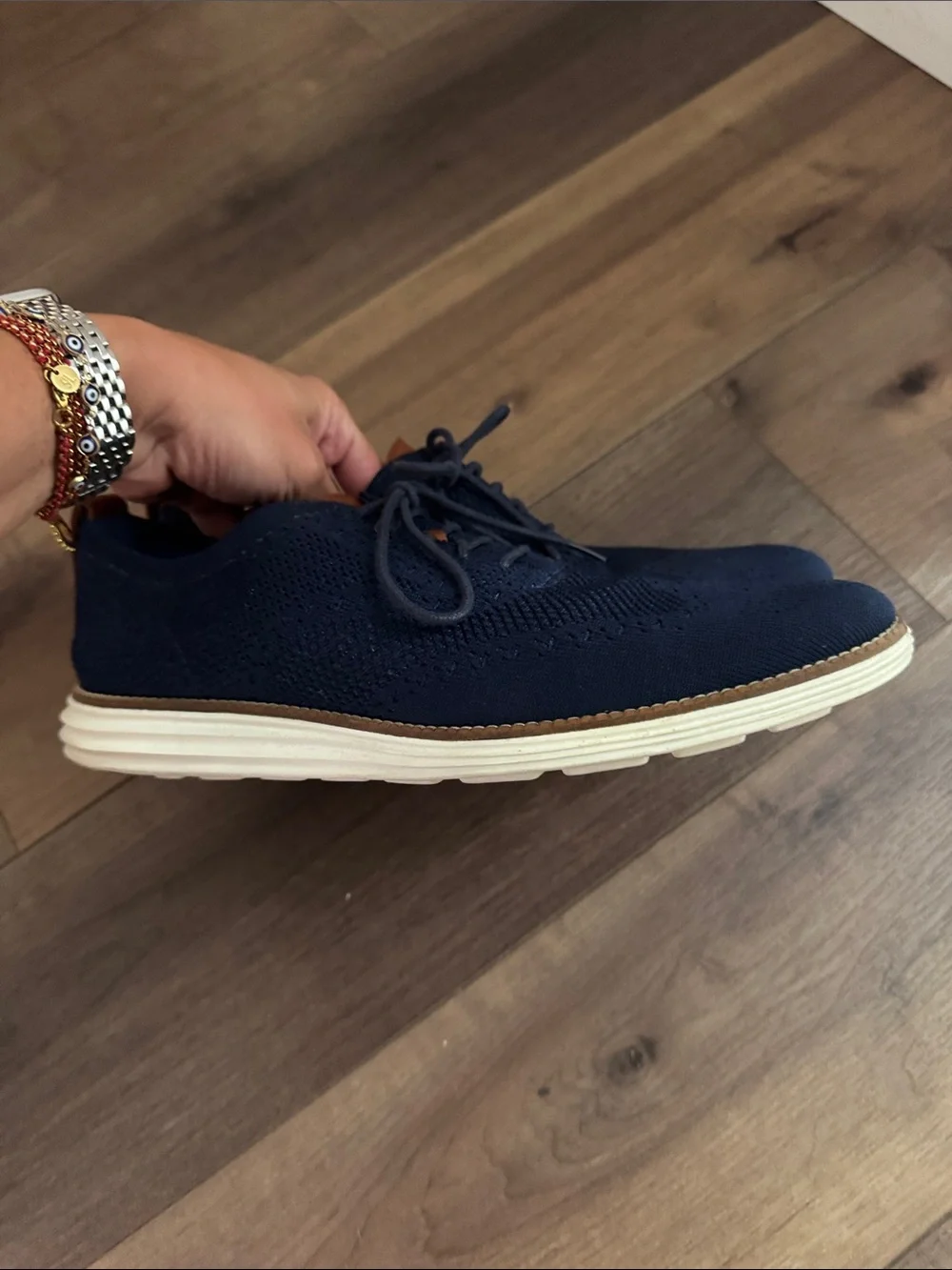 Cole Haan Navy Knit Lace-Up Oxfords with Tan Accents