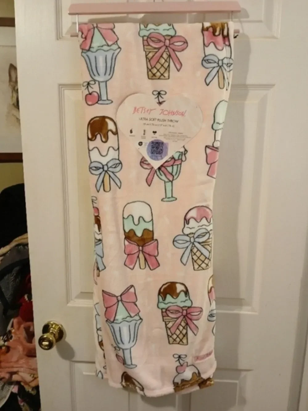 Betsey Johnson Pink Ice Cream Print Plush Throw