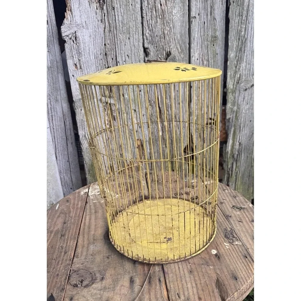 Vintage Round Yellow Metal Bird Cage‎ Hanging/Table 14x11 Cottage Granny