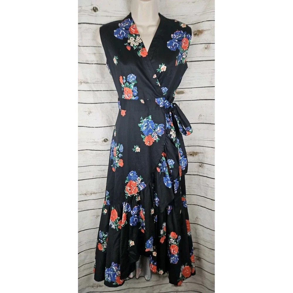 Tory Burch Navy Floral Printed Wrap Dress S Ruffle High Low Hem Sleeveless