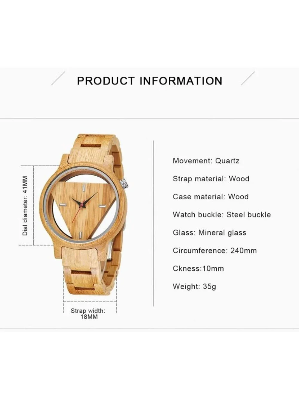 Men's Wood Color Classic Handmade Triangle Bamboo Analog Quartz Wooden Watch