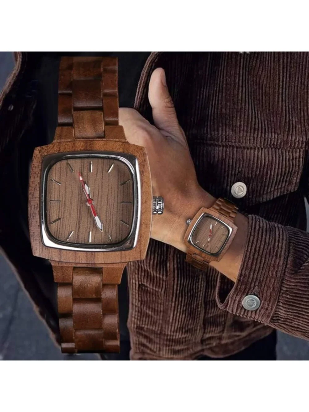 Men's Chocolaty Brown Classic Handmade Square Bamboo Analog Quartz Wooden Watch