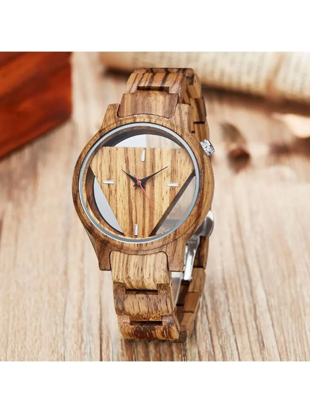 Men's Brown Classic Handmade Triangle Bamboo Analog Quartz Round Wooden Watch