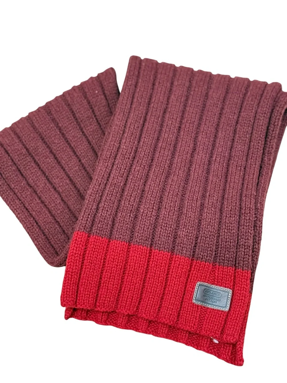 Coach 100% Wool Ribbed Scarf Burgundy Red Colorblock Preppy Leather Logo