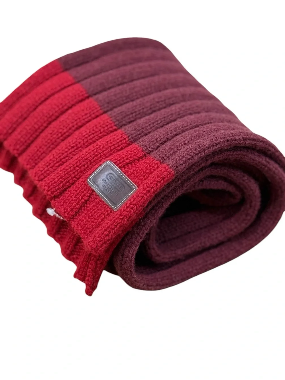 Coach 100% Wool Ribbed Scarf Burgundy Red Colorblock Preppy Leather Logo