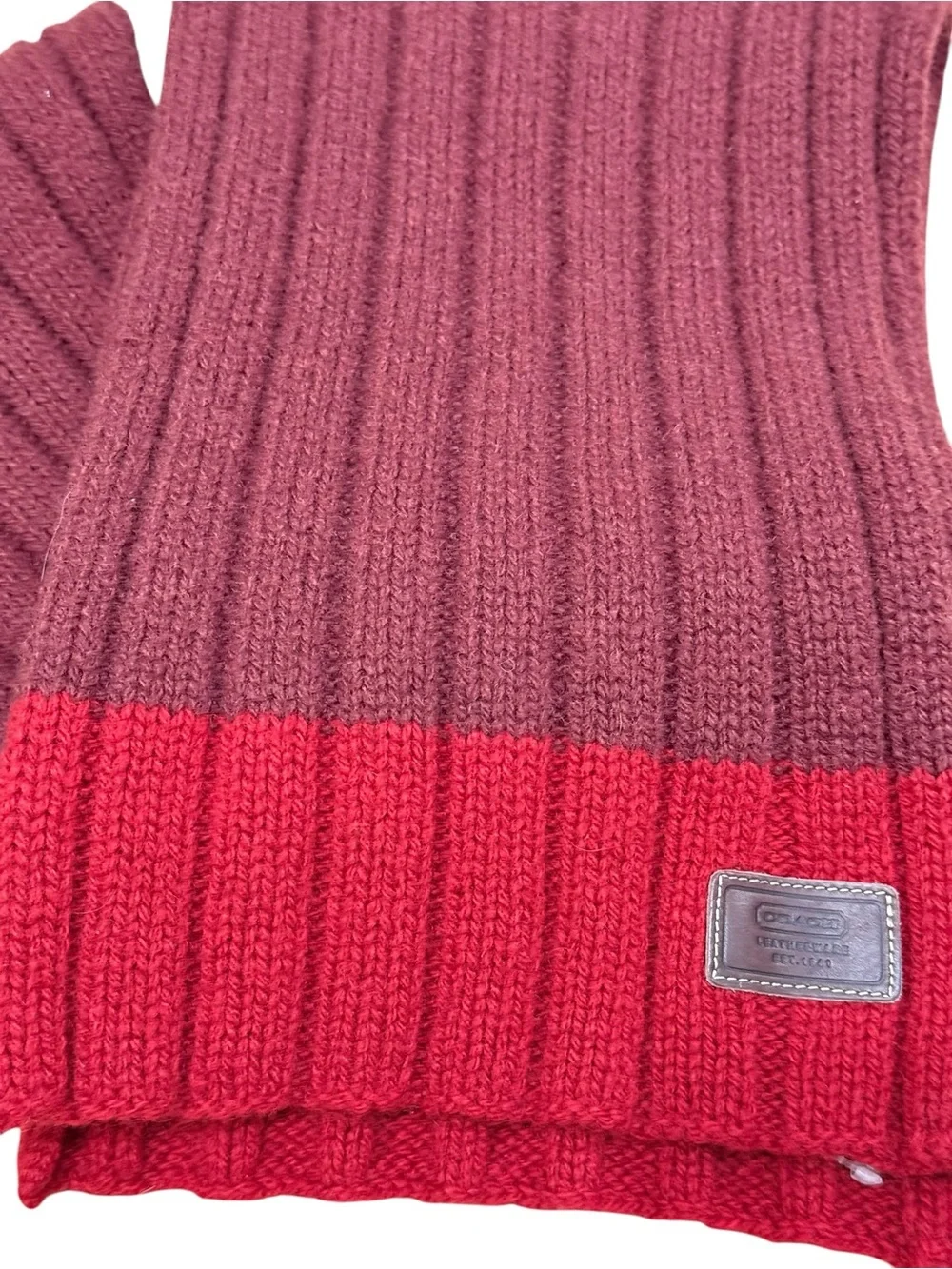 Coach 100% Wool Ribbed Scarf Burgundy Red Colorblock Preppy Leather Logo