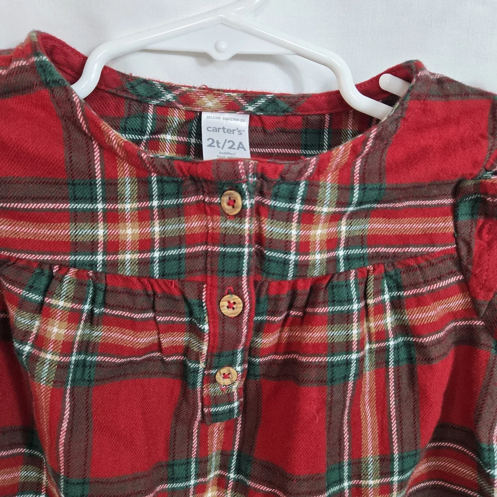 Carters Girl Red Green Ivory Plaid Long Sleeve Ruffle Flannel Holiday Top 2T NWT