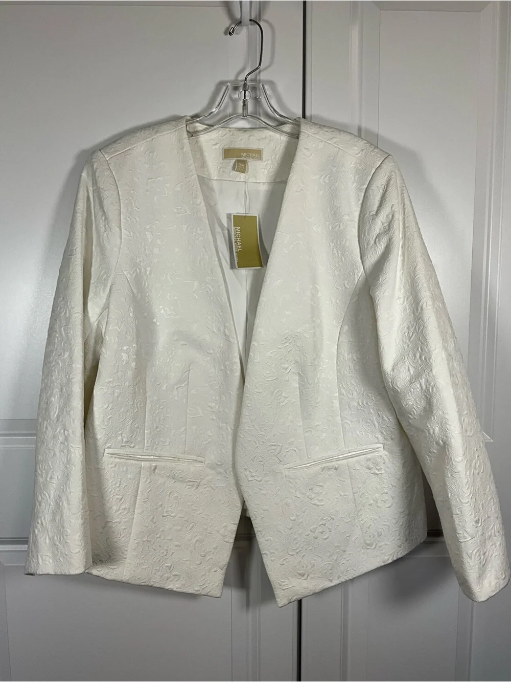 Michael Michael Kors Blazer Size 16W White Floral Jacquard Lined Open-Front