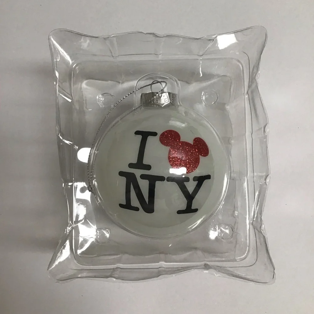 Disney I LOVE NEW YORK Glass Christmas Ornament Red Mickey Ears Authentic NEW
