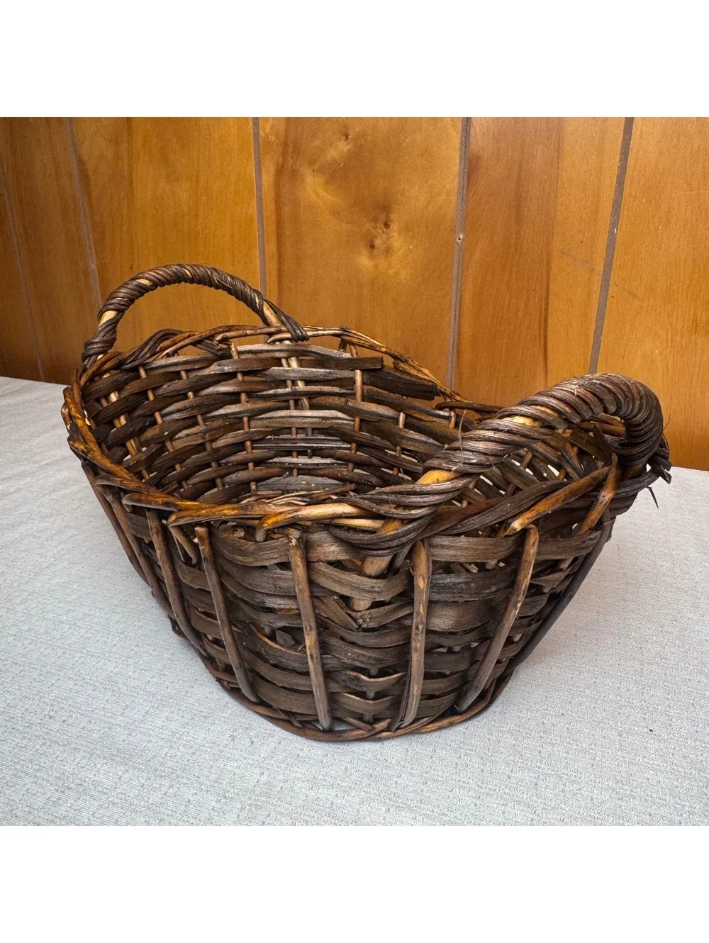 Vintage Rustic Wicker Gathering Basket Primitive Farmhouse Basket With Handles