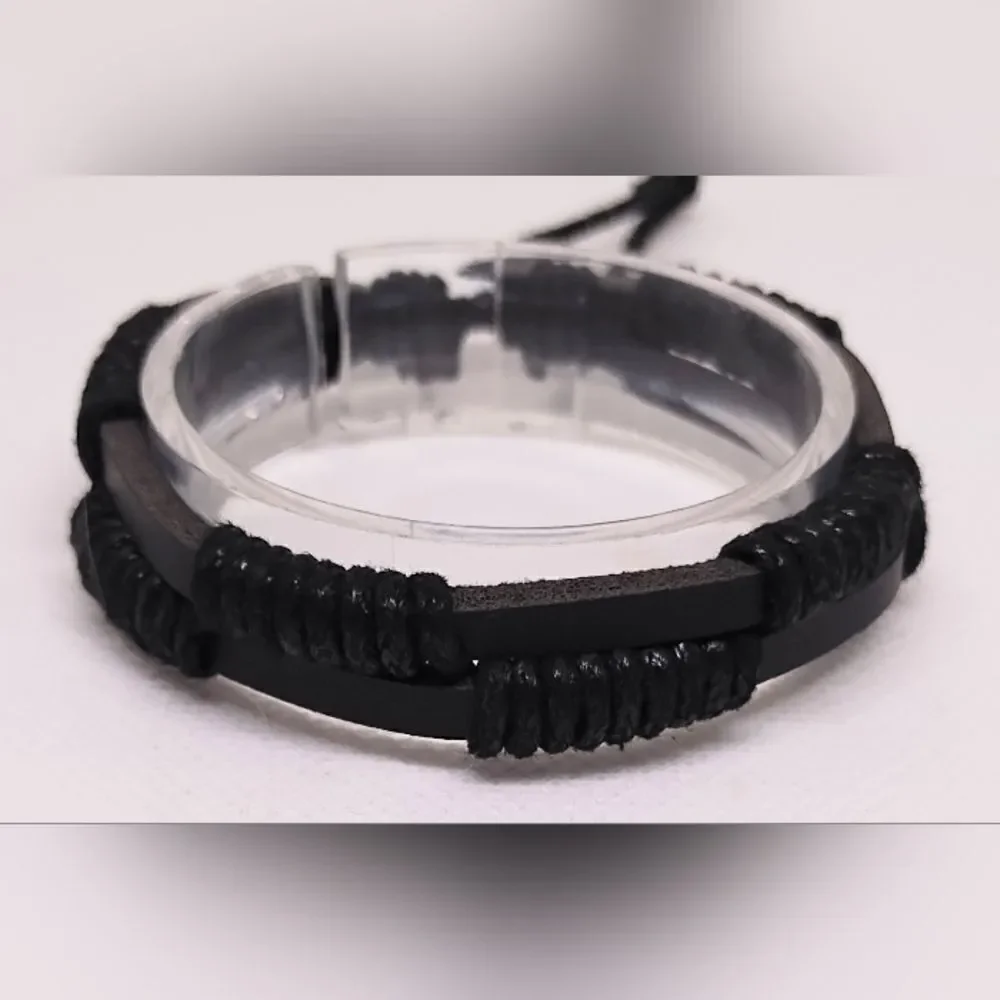 Men's leather bracelet layered black new e43‎