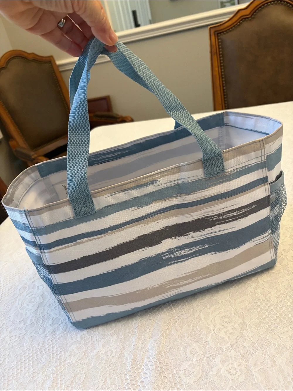 Thirty-One Brush Stroke Striped Blue and Gray Women’s Tote Bag