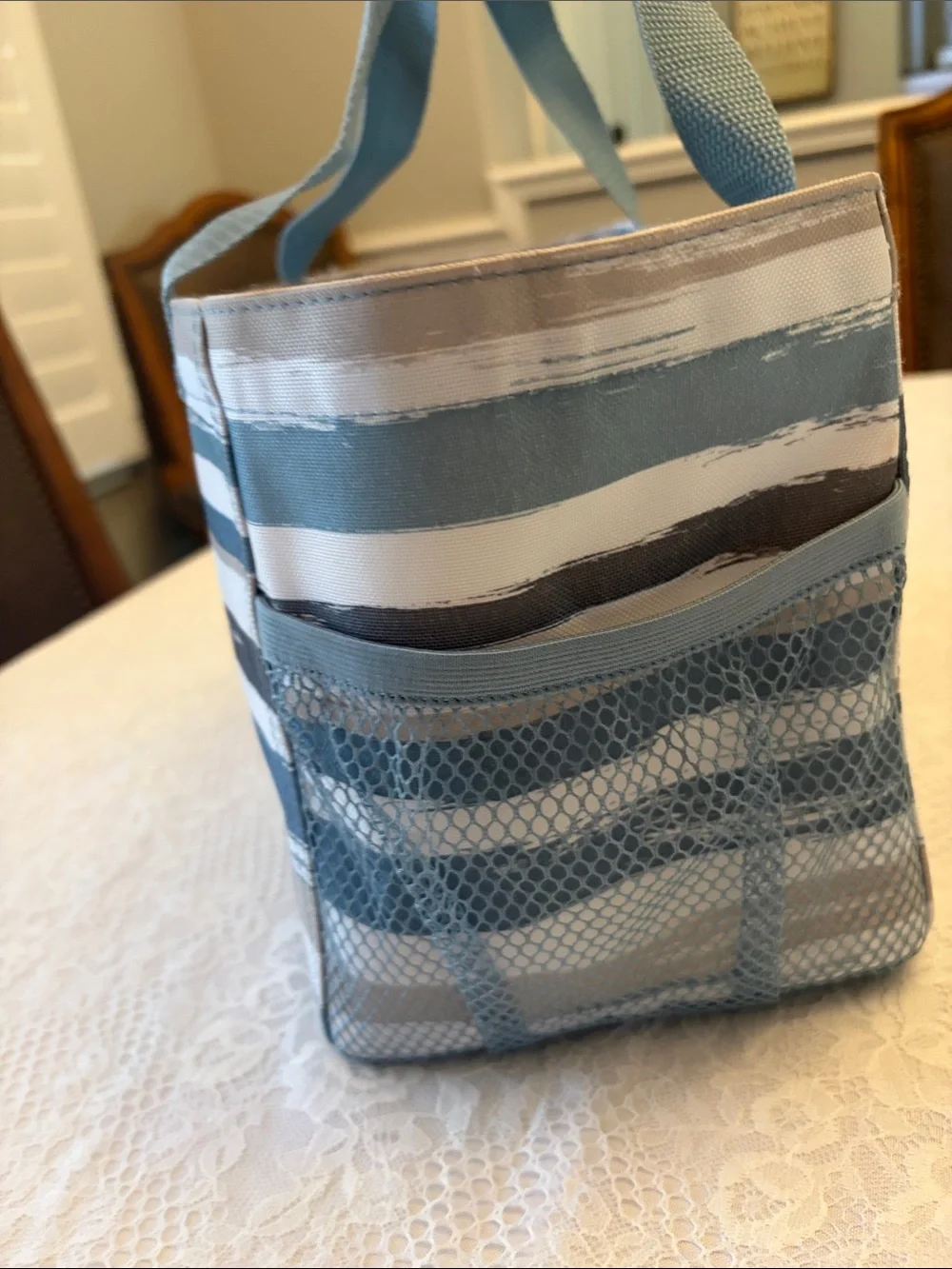 Thirty-One Brush Stroke Striped Blue and Gray Women’s Tote Bag