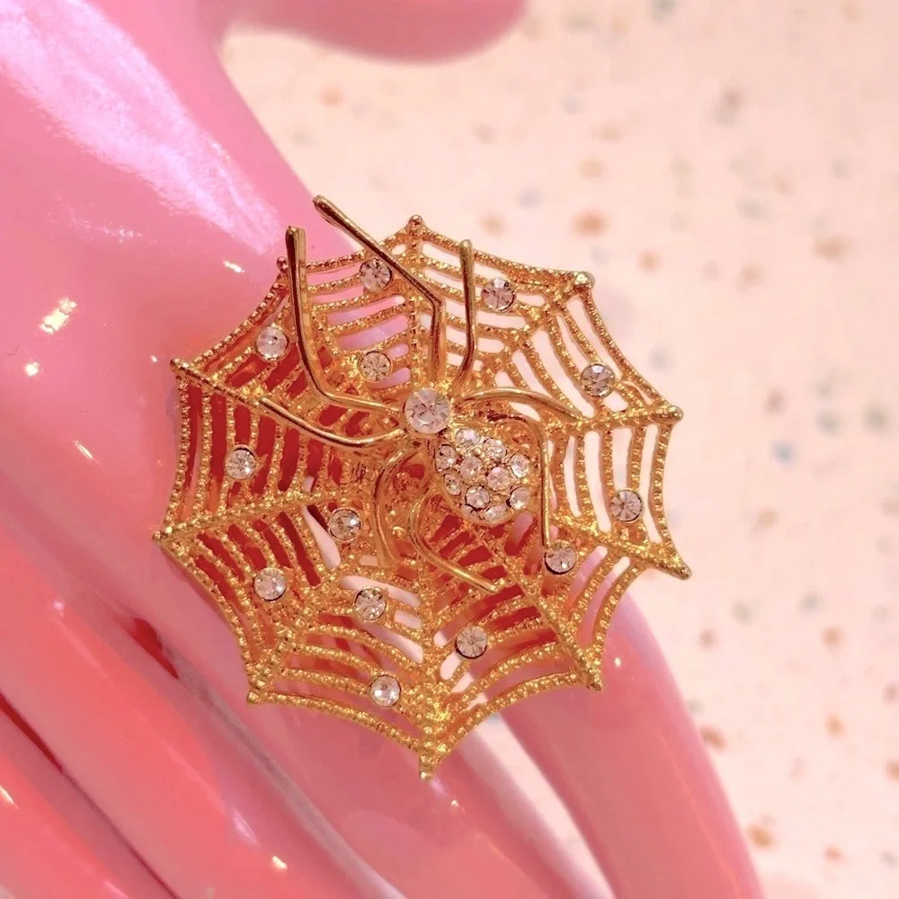 Spider‎ on Spiderweb Ring Gold and Crystal Statement Gothic Halloween