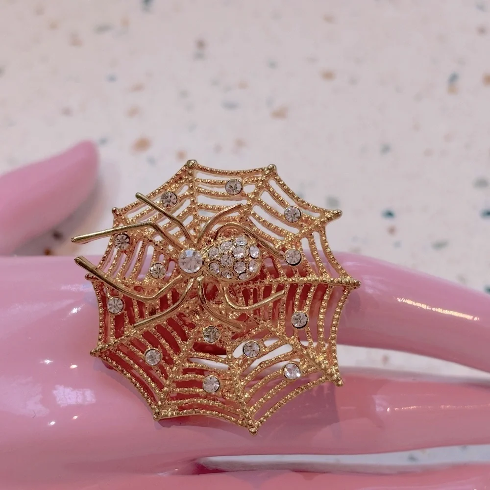 Spider‎ on Spiderweb Ring Gold and Crystal Statement Gothic Halloween