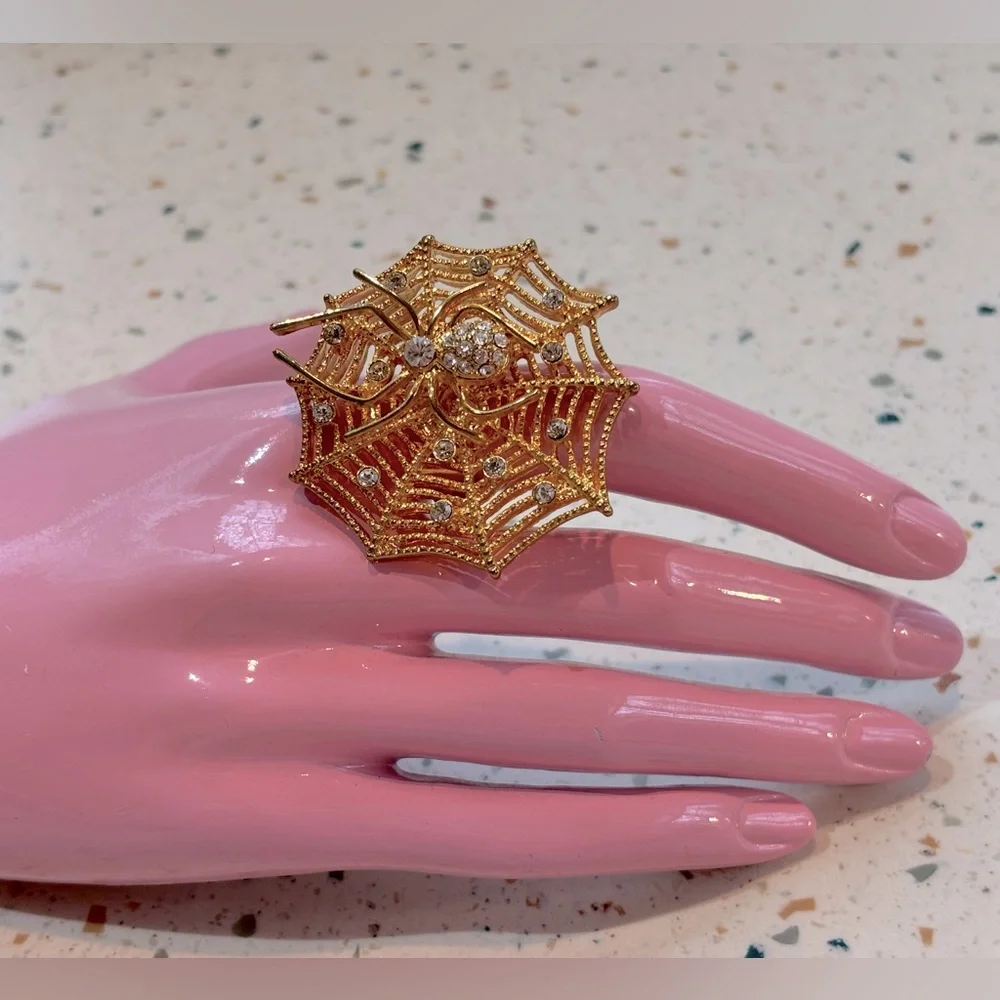 Spider‎ on Spiderweb Ring Gold and Crystal Statement Gothic Halloween