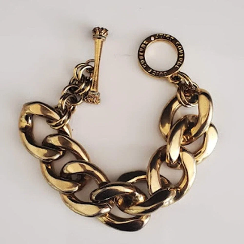 Juicy Couture Gold Tone Chunky Link Toggle Bracelet Crown Logo T-Bar 6 1/2 Inch