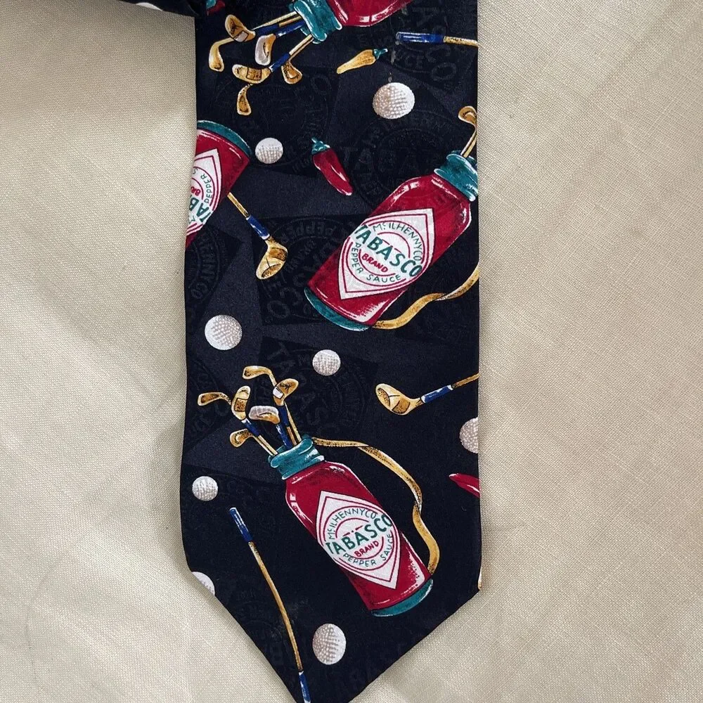 Tabasco Golf Themed 100% Silk Neck Tie Made in USA Novelty Hot Sauce Golfer