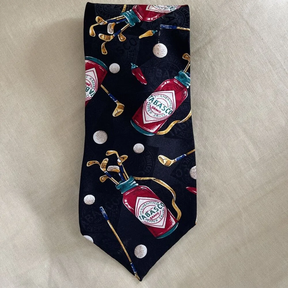 Tabasco Golf Themed 100% Silk Neck Tie Made in USA Novelty Hot Sauce Golfer