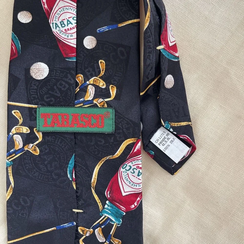 Tabasco Golf Themed 100% Silk Neck Tie Made in USA Novelty Hot Sauce Golfer