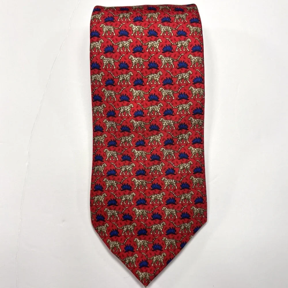 Vintage Brooks Brothers Tie Red Silk Leopard Cat Novelty Preppy Classic USA 90s