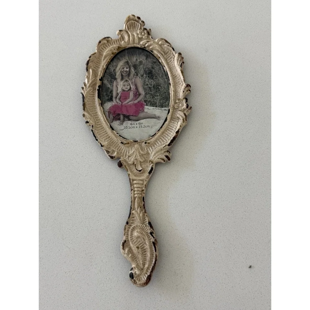 Vintage Ornate Hand Mirror Photo Frame Cast‎ Metal Shabby Cottage core Victorian