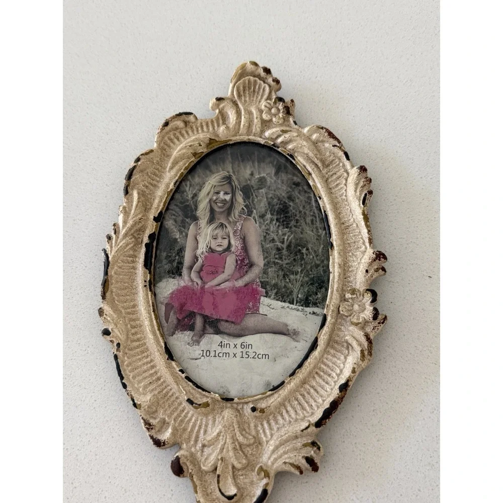Vintage Ornate Hand Mirror Photo Frame Cast‎ Metal Shabby Cottage core Victorian