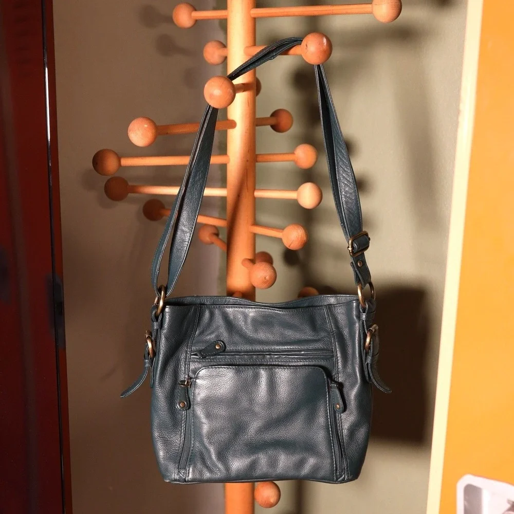 Great American Leatherworks Teal Leather Crossbody Organizer Bag Brass‎ Hardware