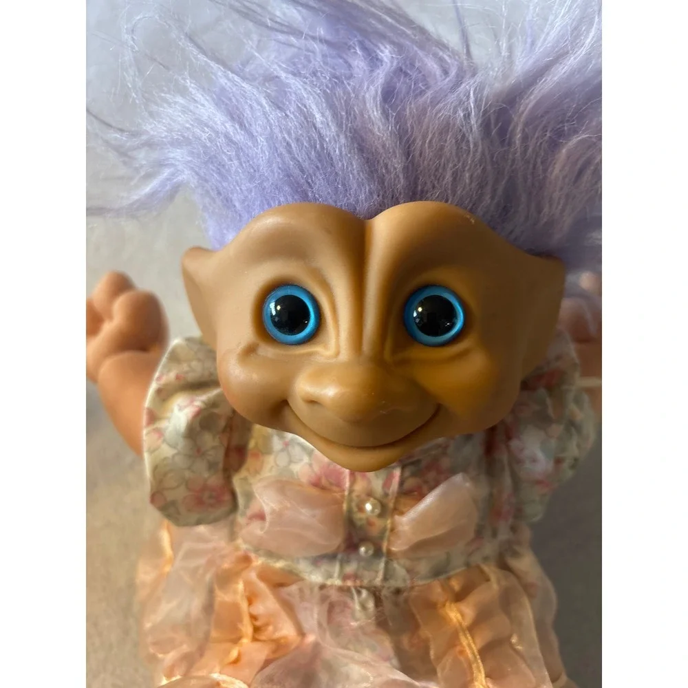 Vintage 1991 Ace Novelty Treasure Troll Purple Hair Heart Wishstone Floral Dress