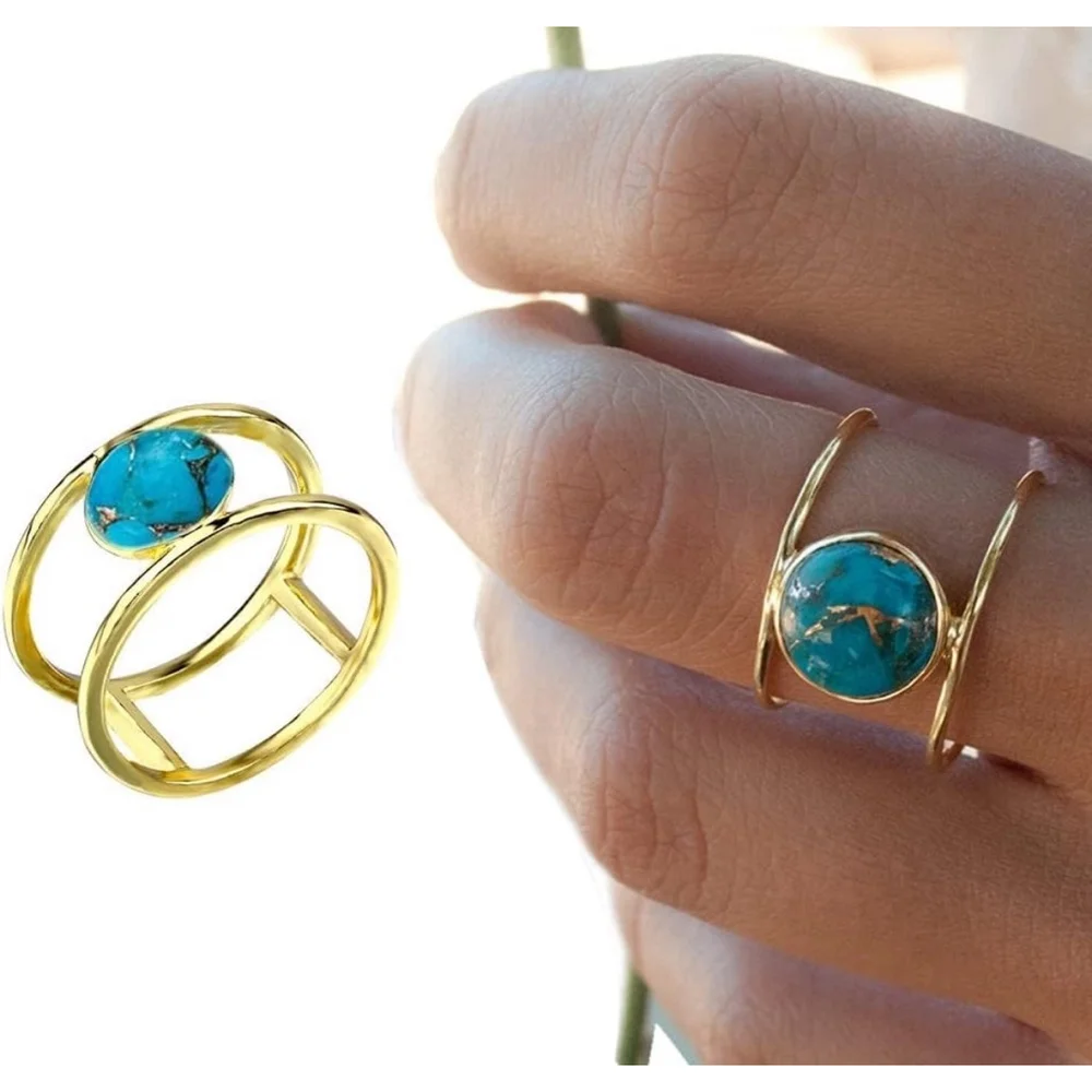 Large Turquoise Gold Filled Band, Bar‎ Ring, Size 8