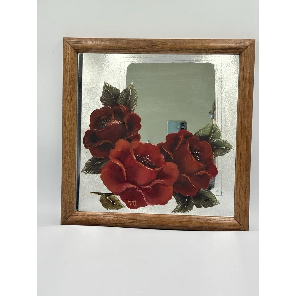 VTG  Hand Painted, Red Rose Wood‎ Framed Mirror Picture  Flaw Read 13
