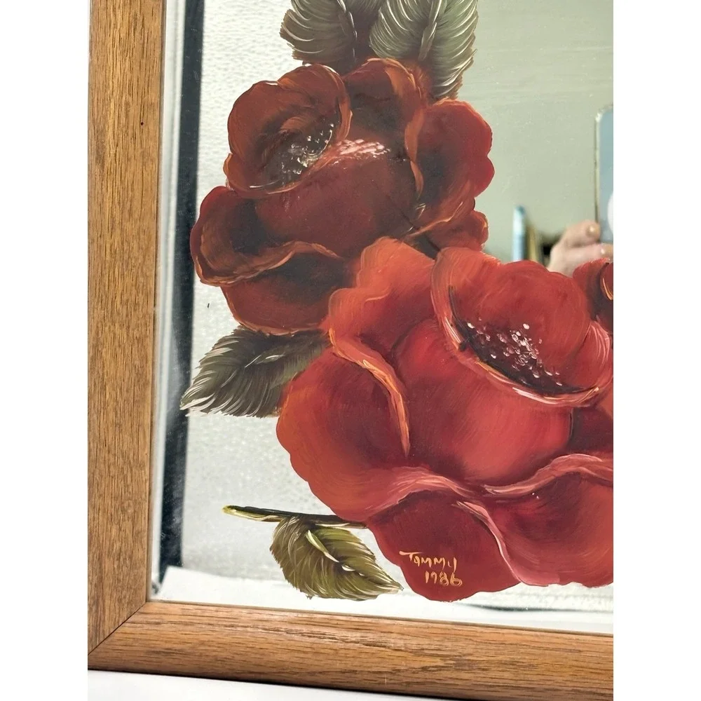 VTG  Hand Painted, Red Rose Wood‎ Framed Mirror Picture  Flaw Read 13