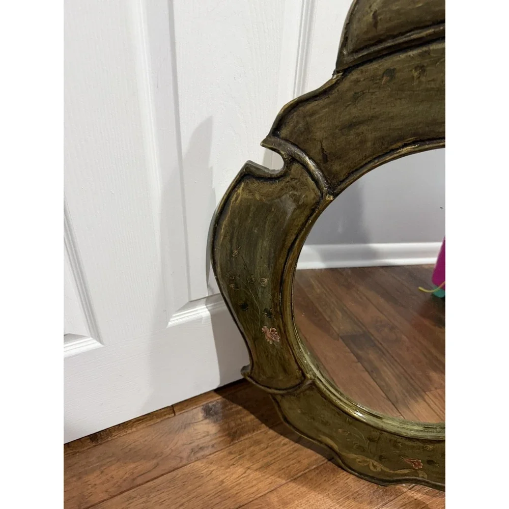 Vintage Peruvian Hand‎ Painted Wooden Wall Mirror Green Floral Flowers 32x24