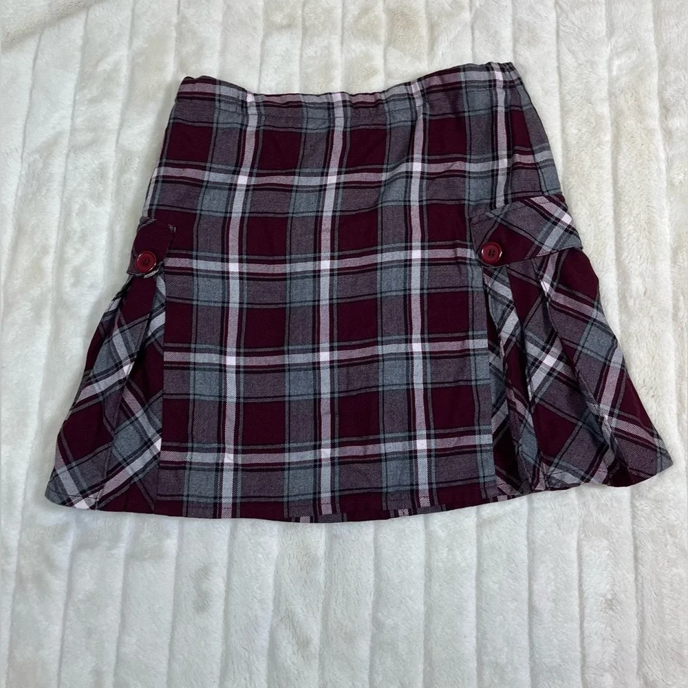 Lands End Girls 16 Dark Red Grey Plaid Pleated School Fall Spring Preppy Skort