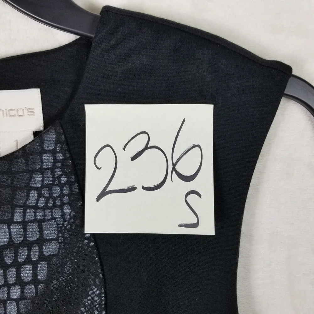 Chico's Jackie Dress Women 1 Black Embossed Crocodile Ponte Sheath Sleeveless