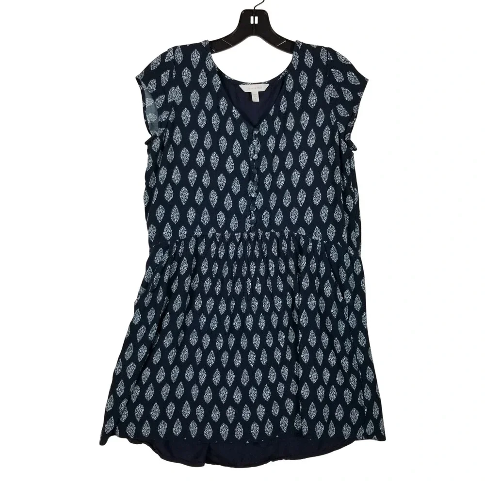 Garnet Hill Dress Womens Small Navy Blue Leaf Print V-Neck Ecovero Viscose Shift