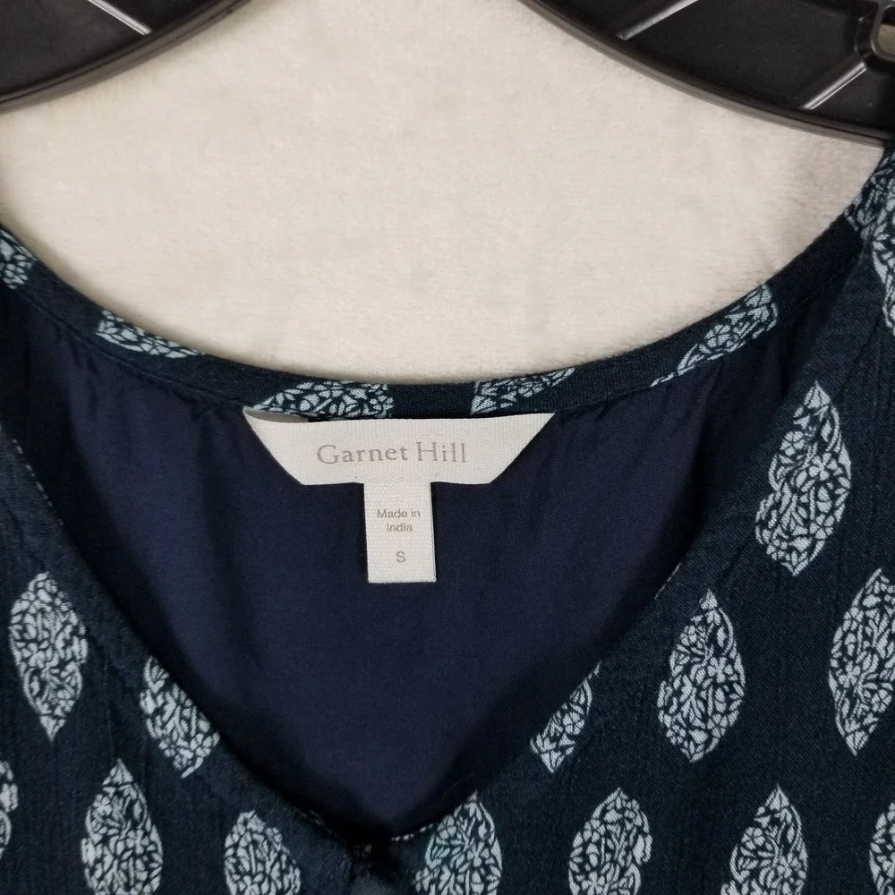 Garnet Hill Dress Womens Small Navy Blue Leaf Print V-Neck Ecovero Viscose Shift