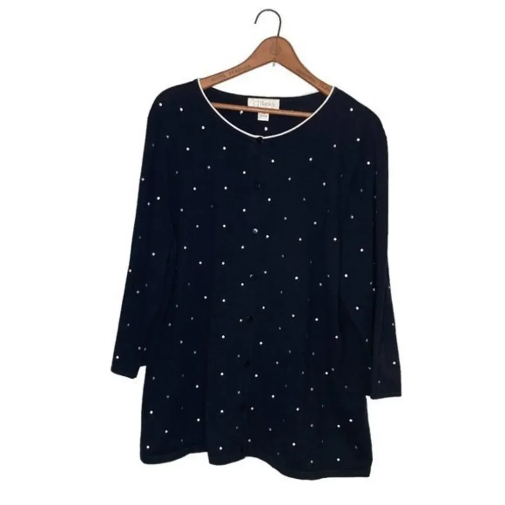 CJ Banks Size 1X‎ Black White Embroidered Polka Dot Cotton Cardigan Sweater Plus