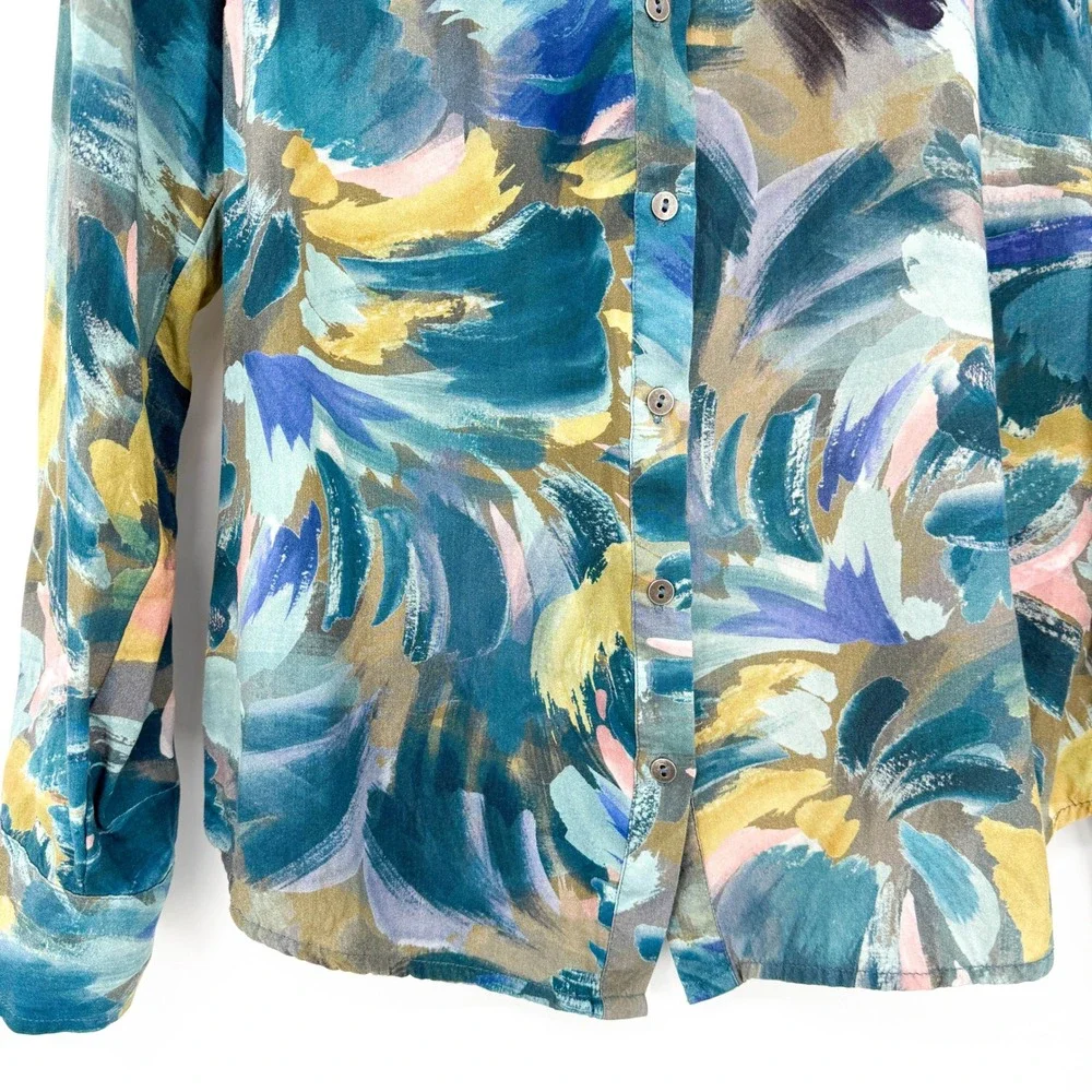 FDJ French Dressing Jeans Abstract Brushstroke Button Down‎ Blouse Teal Small