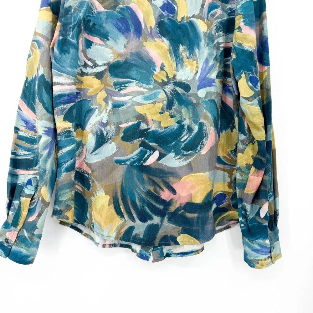 FDJ French Dressing Jeans Abstract Brushstroke Button Down‎ Blouse Teal Small