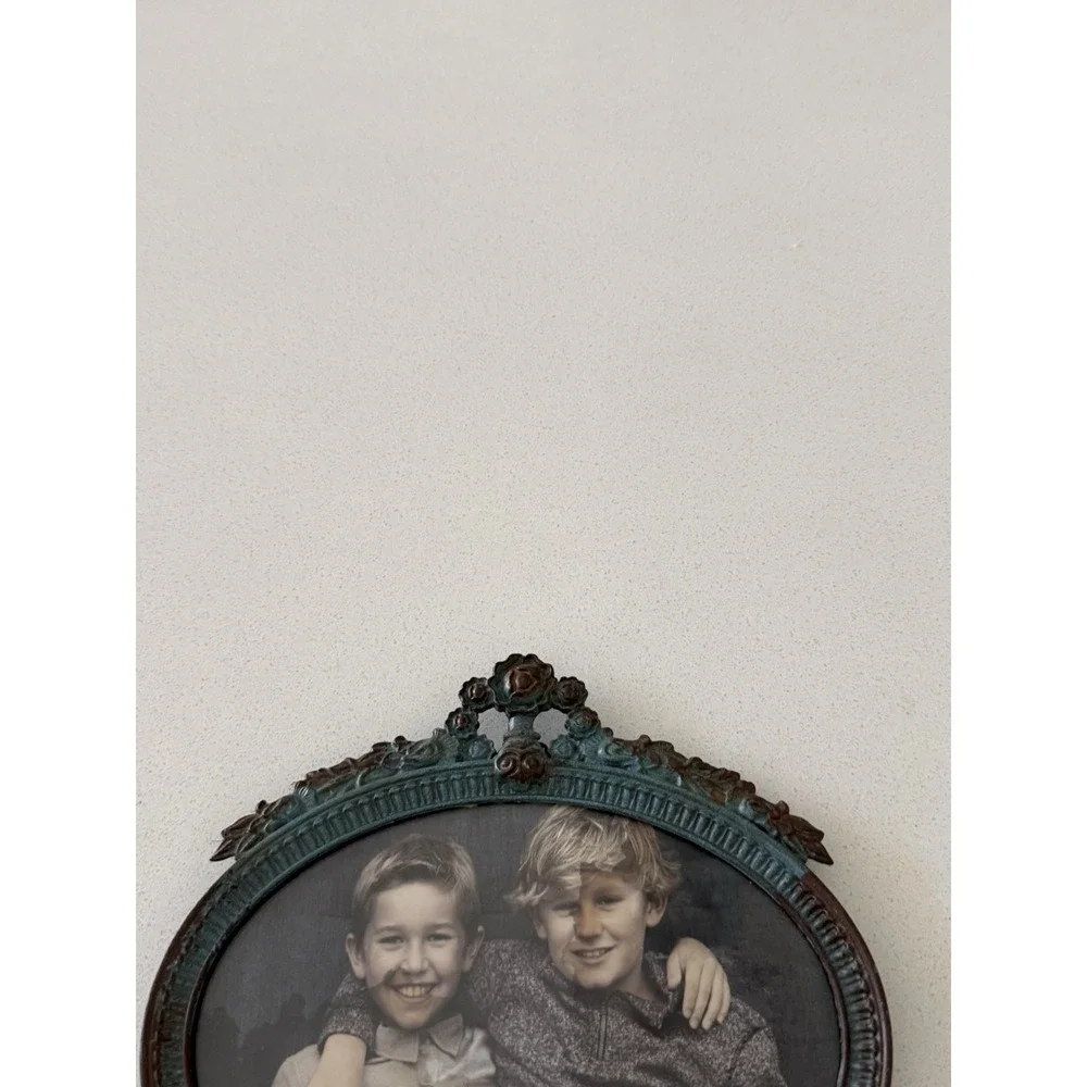 Vtg Teal Ornate Hand Mirror Photo Frame Cast Metal Shabby Cottage core Victorian