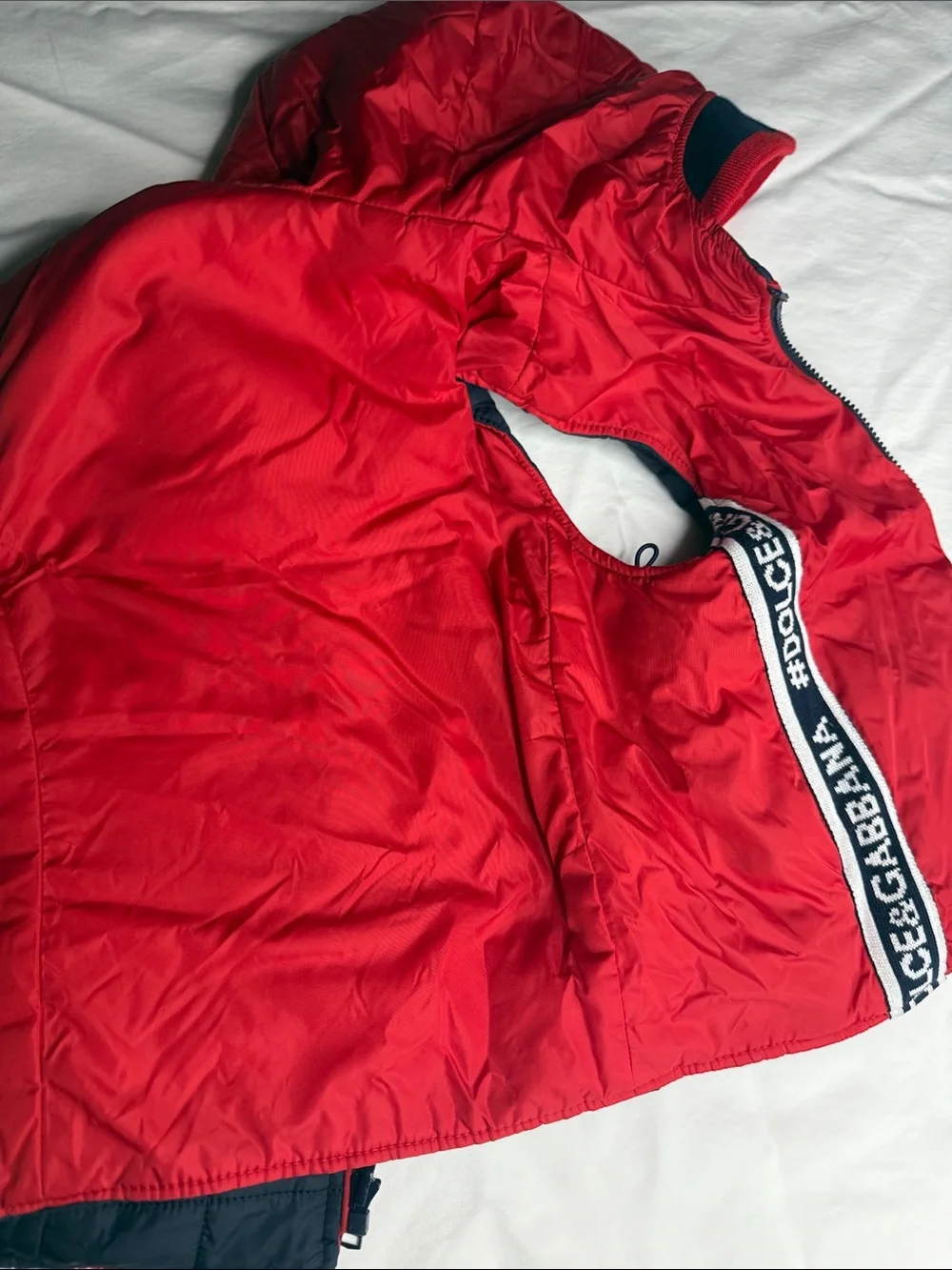 Dolce & Gabbana Kids Red Hooded Puffer Vest with Navy Trim