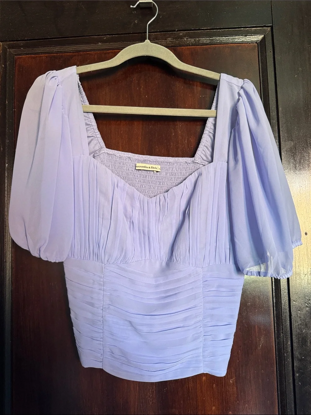 Abercrombie & Fitch Periwinkle Ruched Square-Neck Puff-Sleeve Top