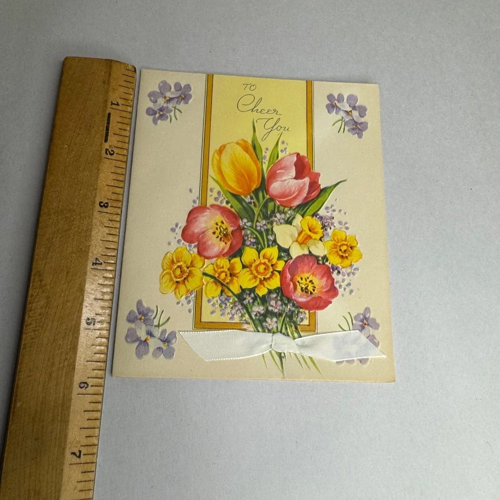 Vintage Get Well‎ Card To Cheer You Floral Tulips Daffodils Embossed Ribbon