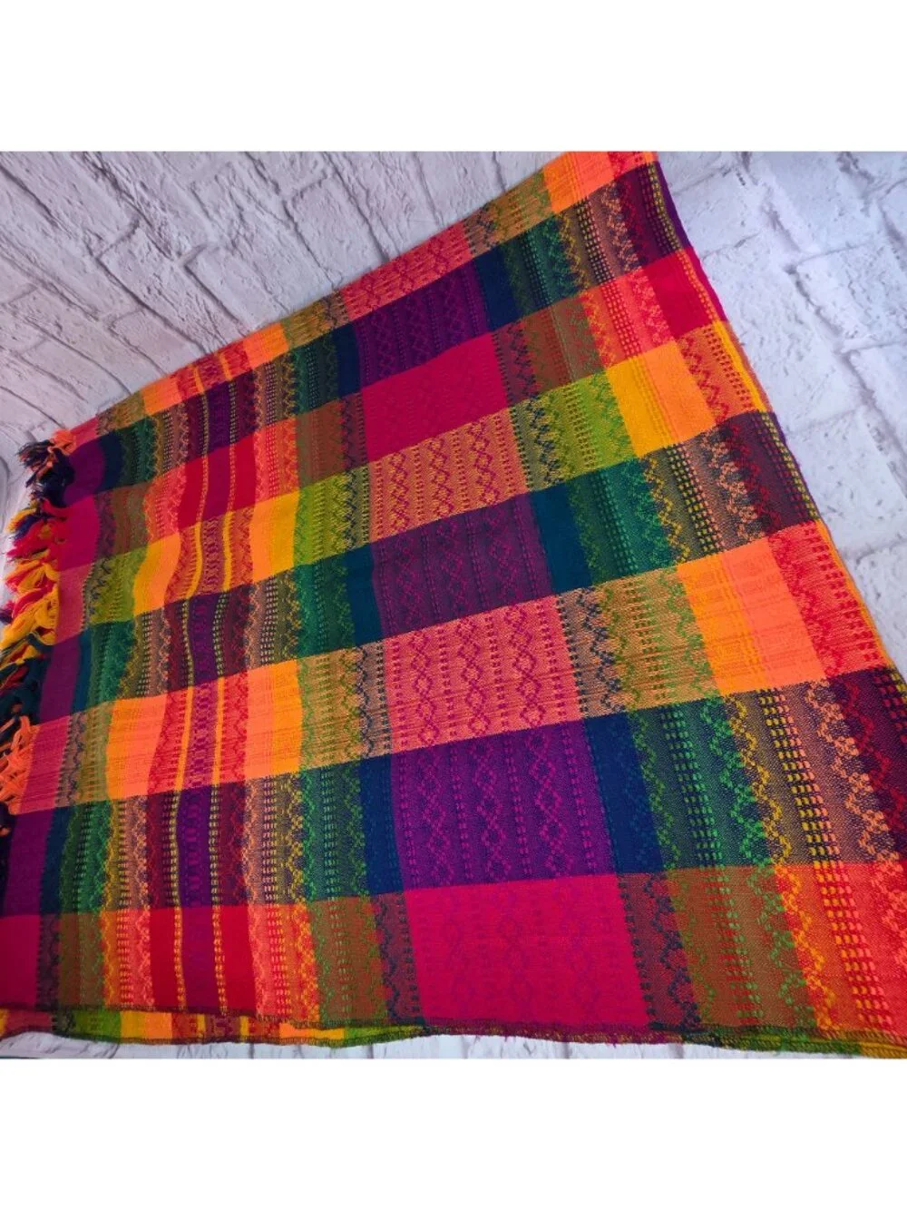 Vtg Rainbow Handwoven Plaid Throw Blanket Fringe Vibrant Multicolor Stripe 65x58
