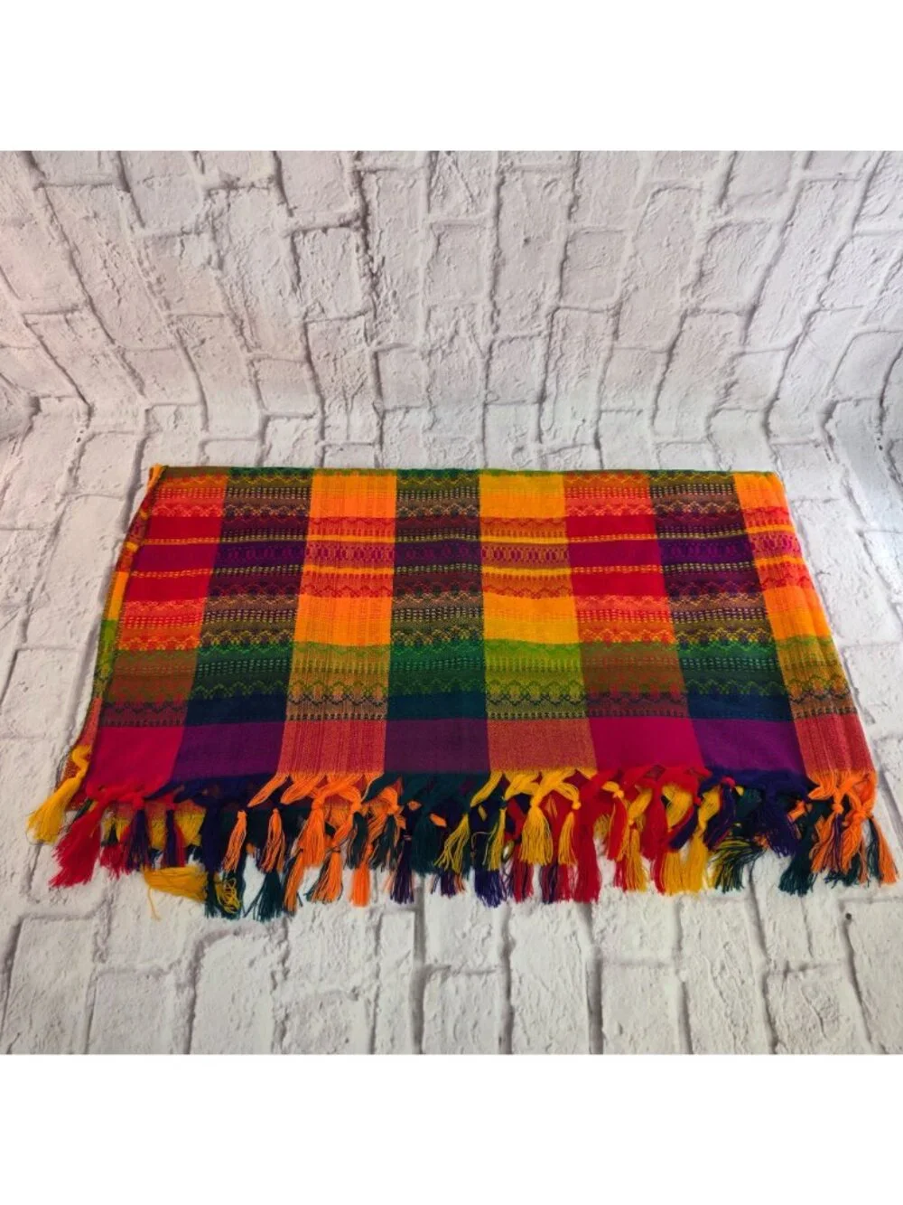 Vtg Rainbow Handwoven Plaid Throw Blanket Fringe Vibrant Multicolor Stripe 65x58