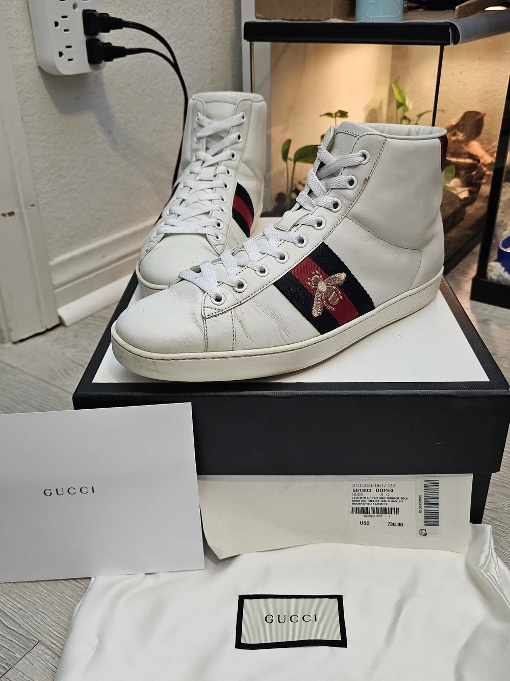 Gucci White High-Top Leather Sneaker with Web Stripe and Bee