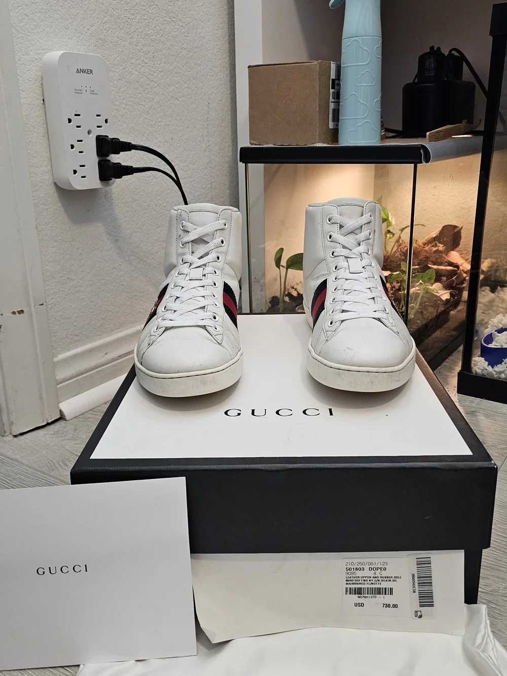 Gucci White High-Top Leather Sneaker with Web Stripe and Bee