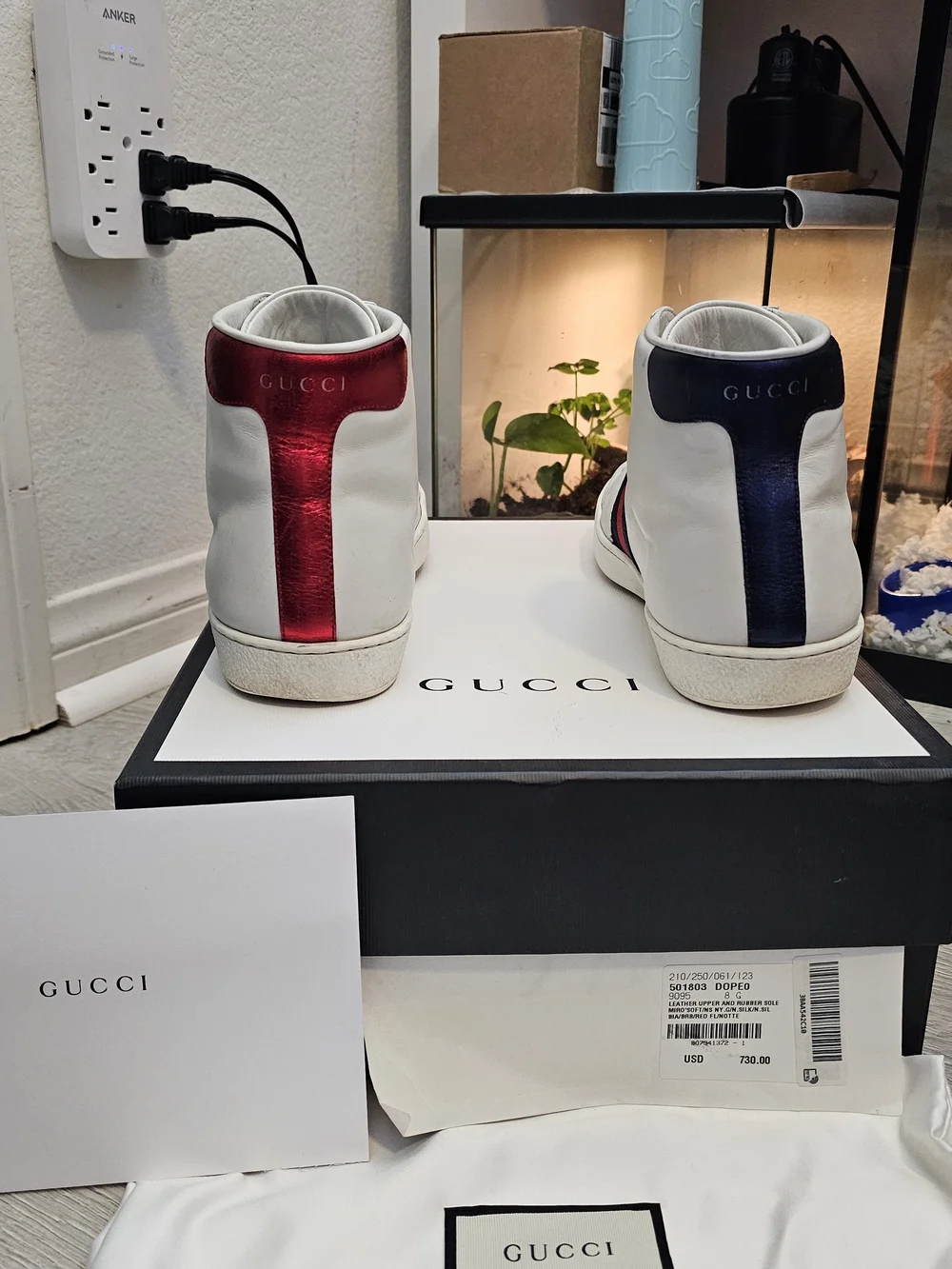 Gucci White High-Top Leather Sneaker with Web Stripe and Bee